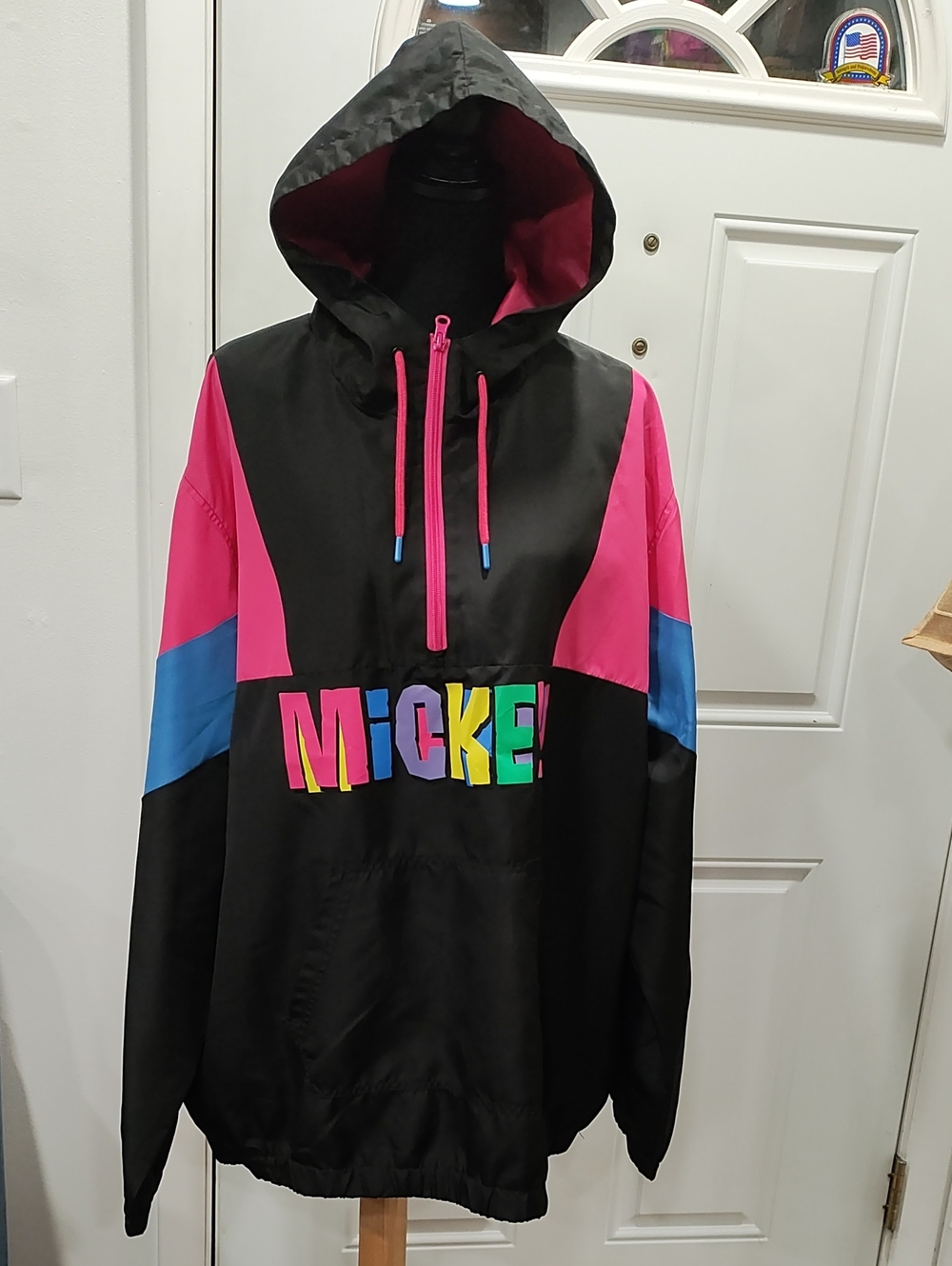 Mickey Black Colorblock Hooded Rain Pullover with Pink & Blue Accents